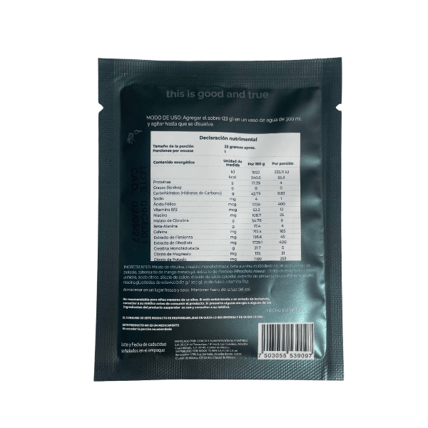 NO R.I.R. Sachet Pre workout Mango Maracuyá| Monohidrato de Creatina, Beta-Alanina, Malato de Citrulina, Rhodiola 23 g