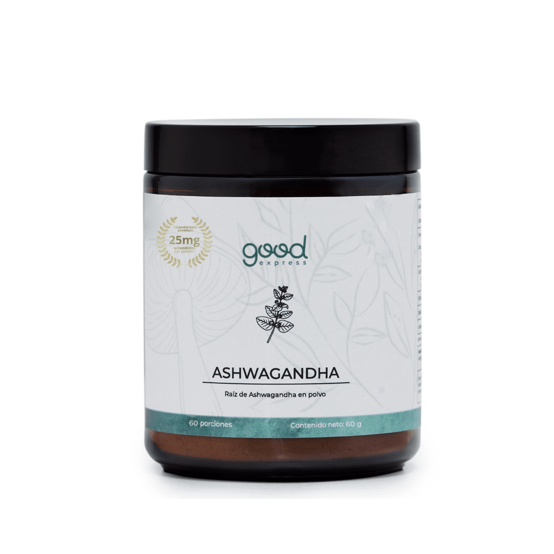 Raíz de Ashwagandha 60 g Good Express 60 porciones - Reduce Cortisol | Estandarizada 25 mg por porción witanólidos - Good Express mx