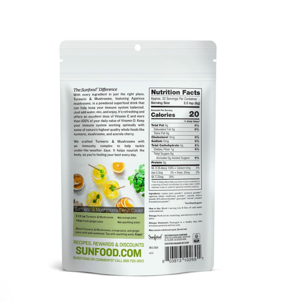 Polvo de Cúrcuma y hongos, 6,8 oz, orgánicos | Sunfood Superfoods - Good Express mx